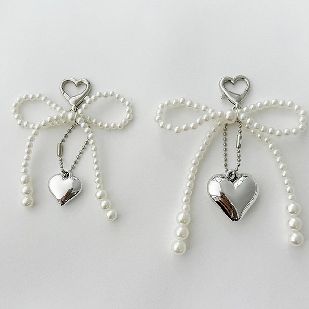 Fashion Heart Pearl Bowknot Charm Keychains Sweet Pendant Hanging Ornament Keyring Backpack Decoration for Women Girls