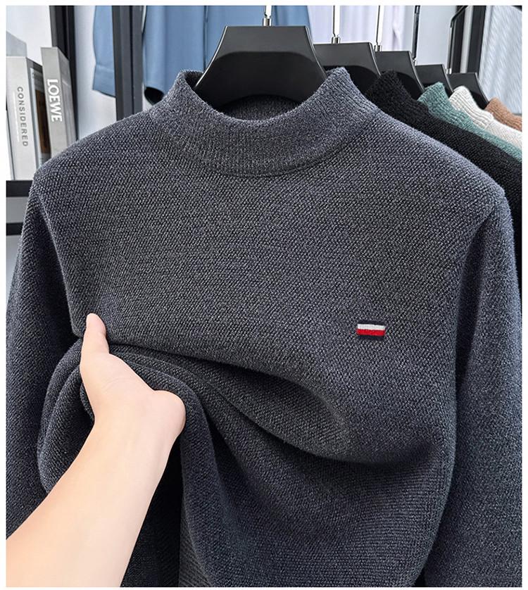 Men's Fleece-Lined Knit Sweater with Half-High Collar and Integrated Fleece Inner Warm Top