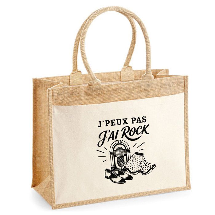 Sac Cabas Jute avec Poche J’peux pas j’ai Rock J'peux pas minimaliste | Toile de Jute et Coton 21 L Fond Plat Anses 65 cm | Marché