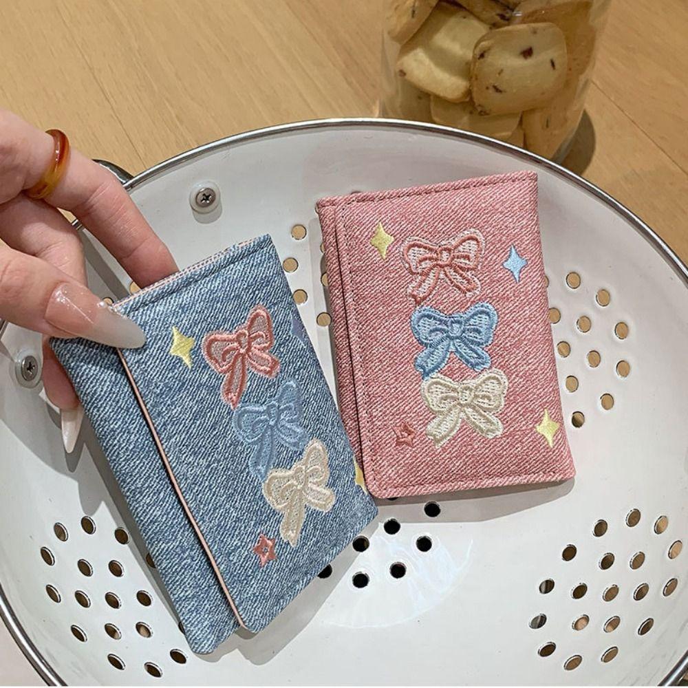 Portable Denim Coin Purse PU Leather Three Fold Wallet Coin Pouch Card Bag  Women