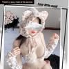 5Pcs/Set Women Sexy Leopard Print Underwear Set Cartoon Ear Hat Sling Bra Lace-up Thong Oversleeve Elastic Thigh Gaiter Set Role Playing Cosplay