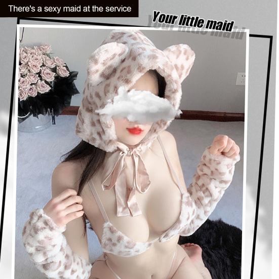 5Pcs/Set Women Sexy Leopard Print Underwear Set Cartoon Ear Hat Sling Bra Lace-up Thong Oversleeve Elastic Thigh Gaiter Set Role Playing Cosplay
