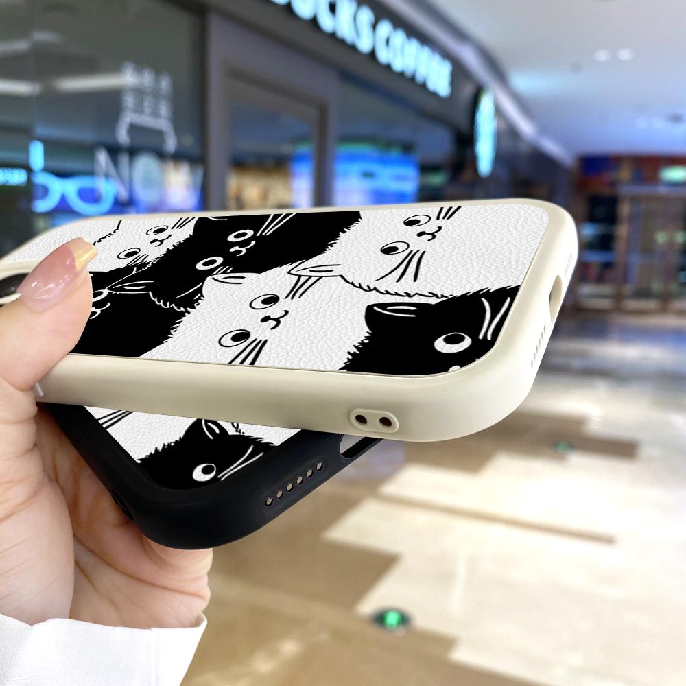 Тонкий кожаный чехол с рисунком черно-белых кошек, мягкий силиконовый чехол из искусственной кожи для iPhone Samsung Huawei Honor Xiaomi Redmi OPPO Realme Vivo
