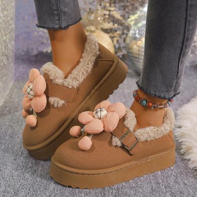 Модные женские зимние туфли, теплые, плюшевые, новые, зимние, с круглым носком, 2024, горячая распродажа, повседневные, с небольшим цветочным украшением, на основе бисквитного торта, женские туфли