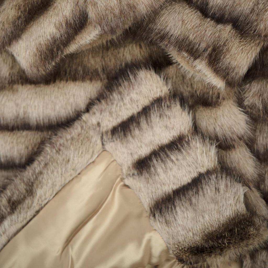 Women's Long Striped Faux Fur Coat with Turn-Down Collar - Mink Chinchilla Style Outerwear