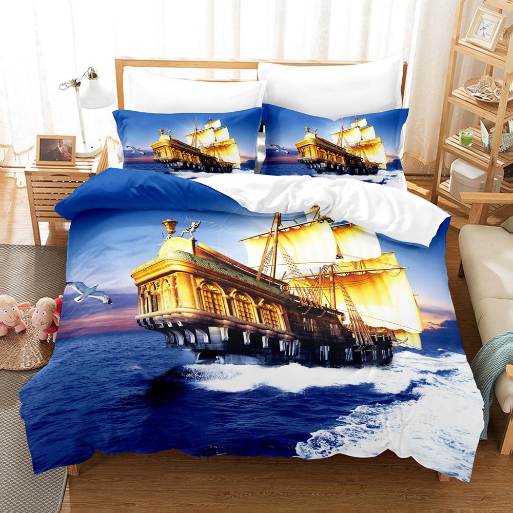 3D печать Роскошный комплект постельного белья Парусник Пух Пододеяльник Наволочка 2/3 шт. DE200 * 200 Полноразмерная супер большая кровать Мягкий домашний текстиль на молнии