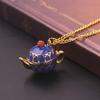 Women Creative Openable Teapot Rhinestone Inlaid Pendant Long Chain Necklace