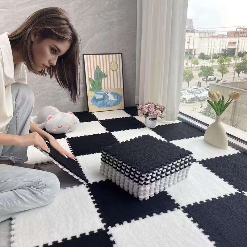 Мягкий плюшевый коврик-пазл из пены, ковровые плитки для гостиной, спальни, детской игровой зоны, нескользящий, с переплетением, напольный ковер, детский игровой коврик