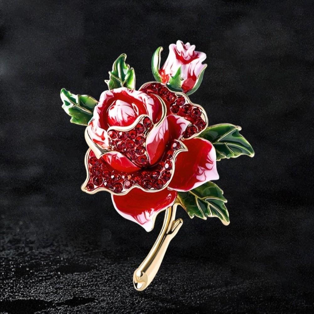 Alloy Rhinestone Brooch Luxury Enamel Fashion Rose-flower Brooches Jewelry Accessories Gift