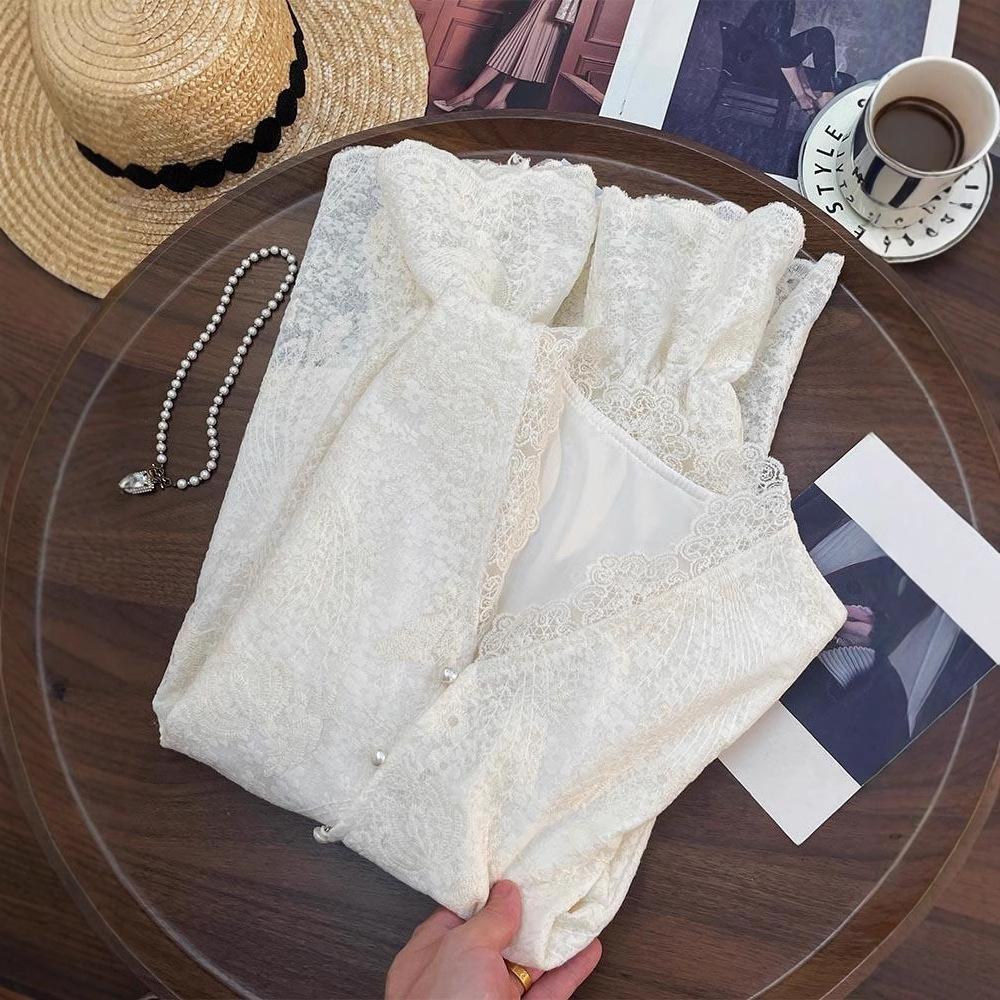 Новинка ранней весны, корейский дизайн, кружевной жилет с жемчугом + ажурный французский рубашечный комплект