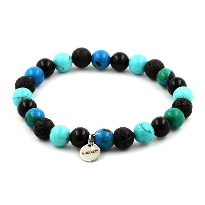 Stones and Minerals. Chrysocolla + Black Agate + Turquoise + Lava 8 Mm Pearl Bracelet. Made In France.