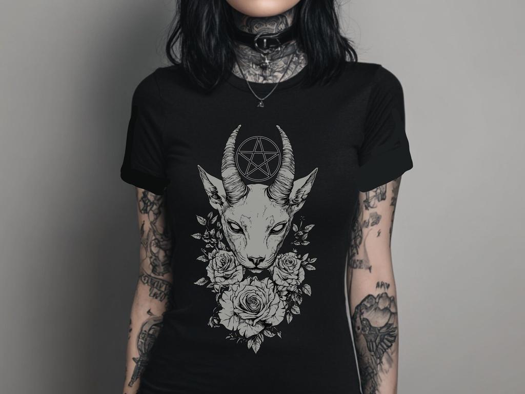 Occult Cat Fitted Gothic T-Shirt, Witchy Goth Pentagram Graphic Shirt, Punk Grunge Clothing, Emo Alternative Top, Goth Clothing Gift For Her