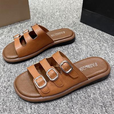 Мода 2025 Лето Женские Винтажные Корейский Стиль Плоские Шлепанцы Ретро Повседневные Босоножки на Ремешках Пляжная Обувь Удобные Нескользящие Шлепанцы