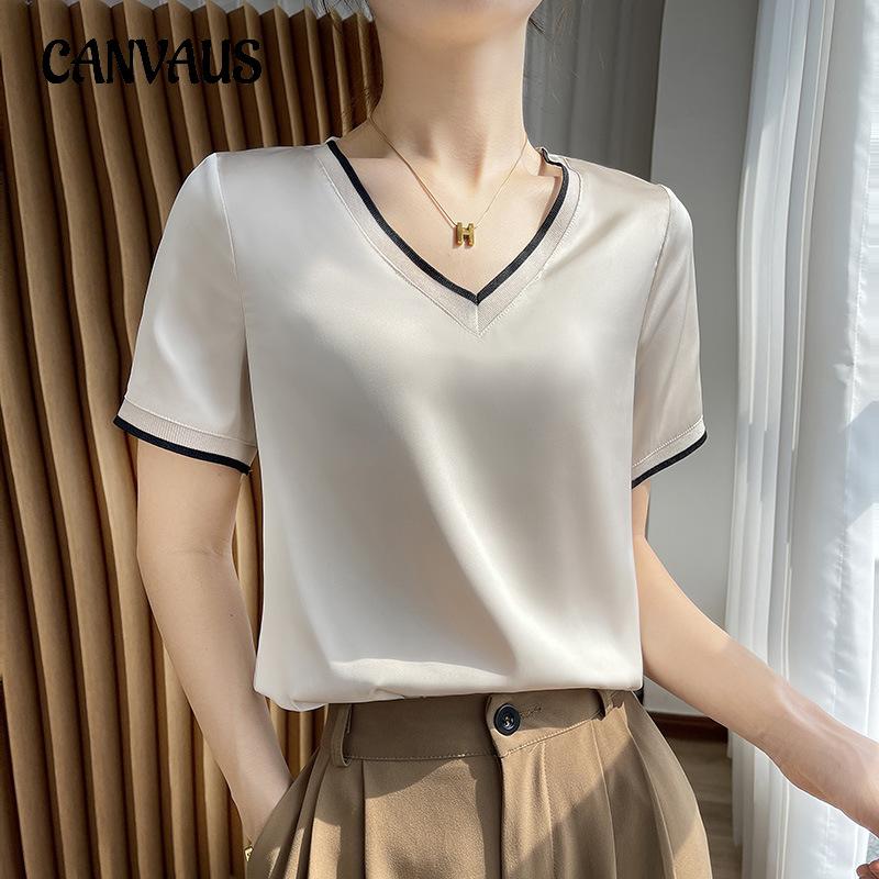 Summer Women's T-shirt Silk Satin Silk V-neck Mulberry Silk Short Loose Top Short-sleeved T-shirt