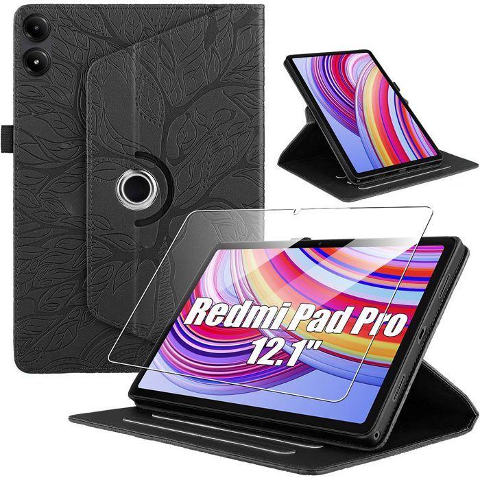 Coque + Verre Trempé pour Xiaomi Redmi Pad 2 Pro / Pad Pro 12,1" - Rotatif Motif Arbre Cuir PU Noir