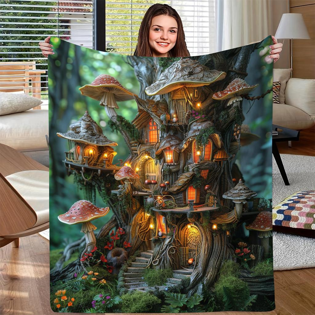Fantasy Mushroom Treehouse Throw Blanket Enchanted Forest Glowing Cottage Art Print Whimsical Decorative Couch Bed Blanket