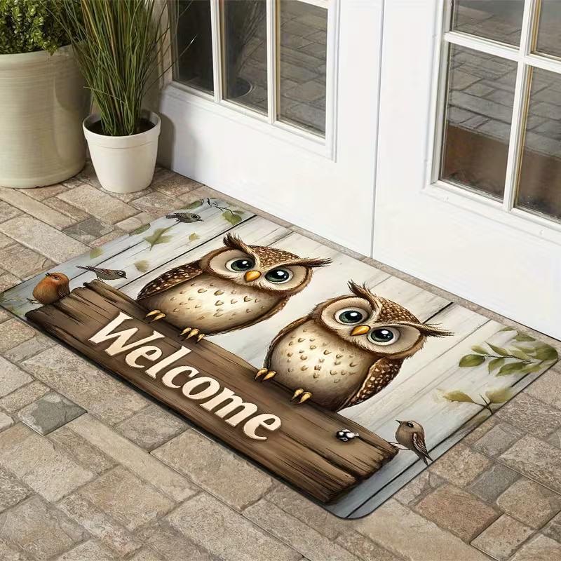 Rustic Wooden Board Owl Welcome Doormat Non Slip Front Door Mat, Cute Forest Bird Leaf Pattern Entry Rug for Home Decor