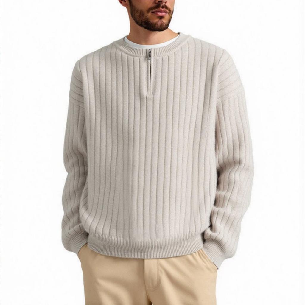 Men's Casual Solid Color Semi-zipper Round-neck Sweater, Men's Loose Line Texture Pullover Knitted Sweater