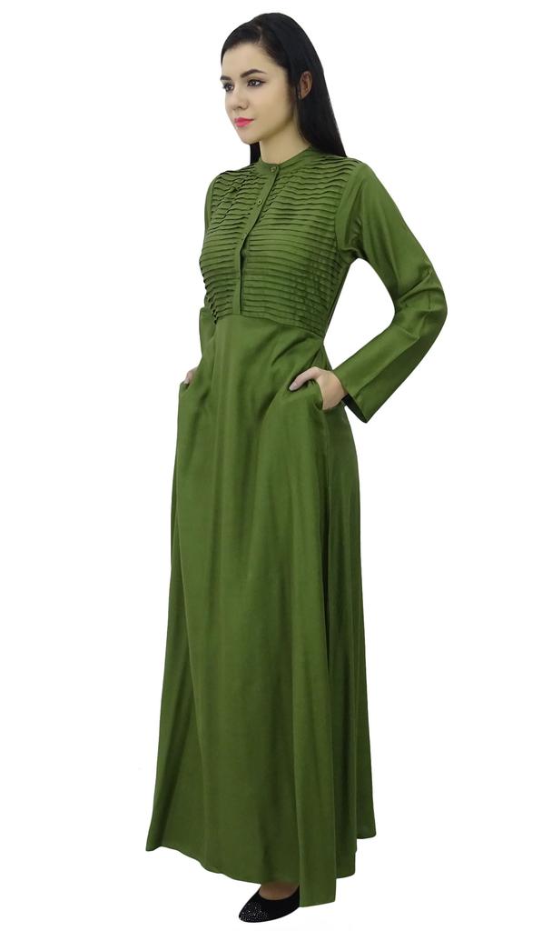 Bimba Women's Long Sleeve Maxi Mandarin Collar Plain Jilbab Dress With