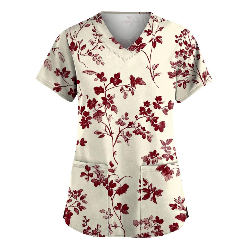 Women's Fashion Short Sleeve Fashion Vintage Floral Print V-Neck Pocket Workwear Tops