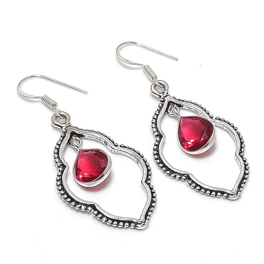 Pink Rubillite Gemstone Handmade 925 Sterling Silver Jewelry Earring 2.17" KJ-777
