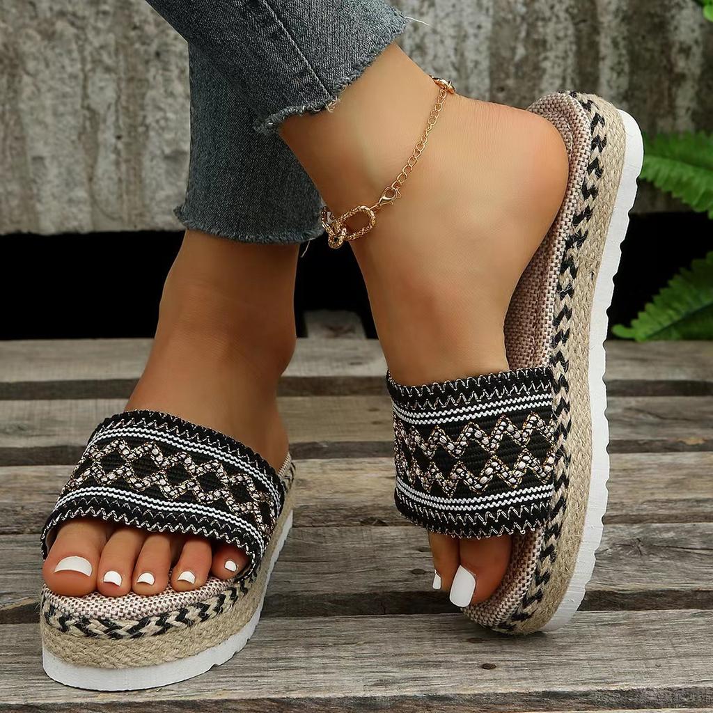 Ethnic Wind Plus Size Ladies Footwear Thick-soled Fishmouth Hemp Rope Candy-colored Slippers