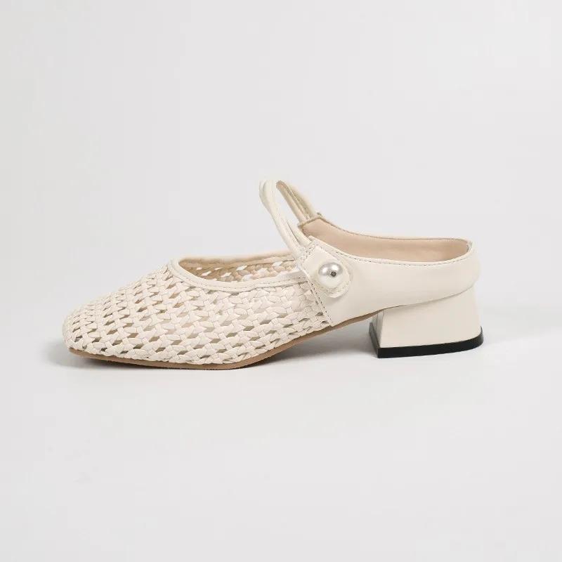 Retro Woven and Hollowed-out Fashionable Half-slipper Mid-heel Women's Shoes, New French Fairy Style Thick Heel Holiday Shoes