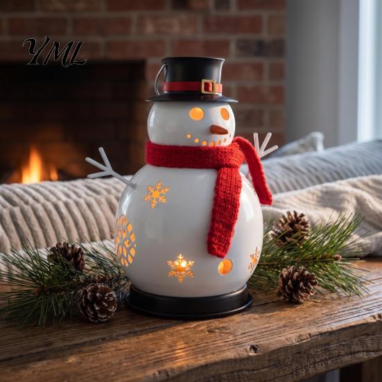 Christmas Party Supplies Snowman Candle Holder, Decorative Metal Candlestick Ornament with Top Table Fireplace Entrance Decor Hat And Scarf