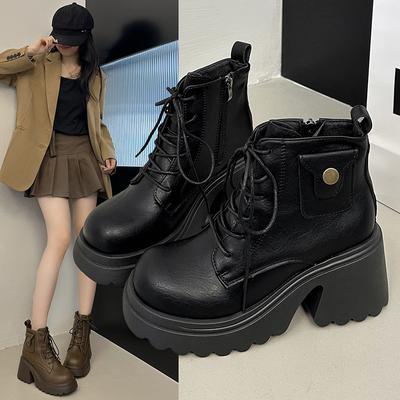 Большого размера британские короткие ботильоны на высоком каблуке женские осенние новые ретро маффин на маленькой толстой подошве тонкие ботинки Мартин