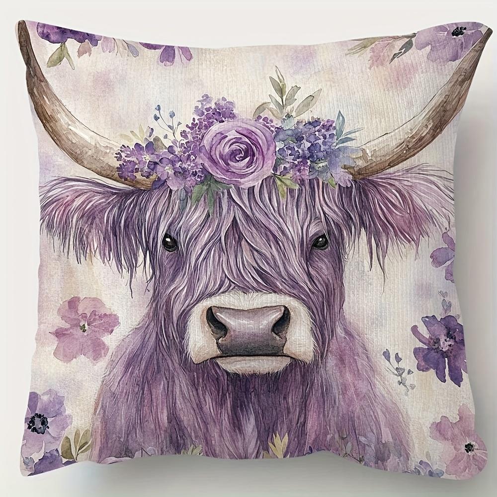 1pc, Bohemian Highland Cow Floral Pillowcase, 45.72X45.72 Cm, Short Plush Decorative Pillow Cover - Purple And Pink Flowers, Soft Smooth Touch Polyest