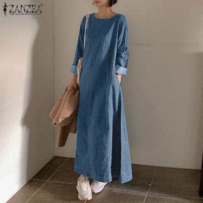 Женское повседневное синее джинсовое платье в стиле ретро с длинным рукавом и круглым вырезом