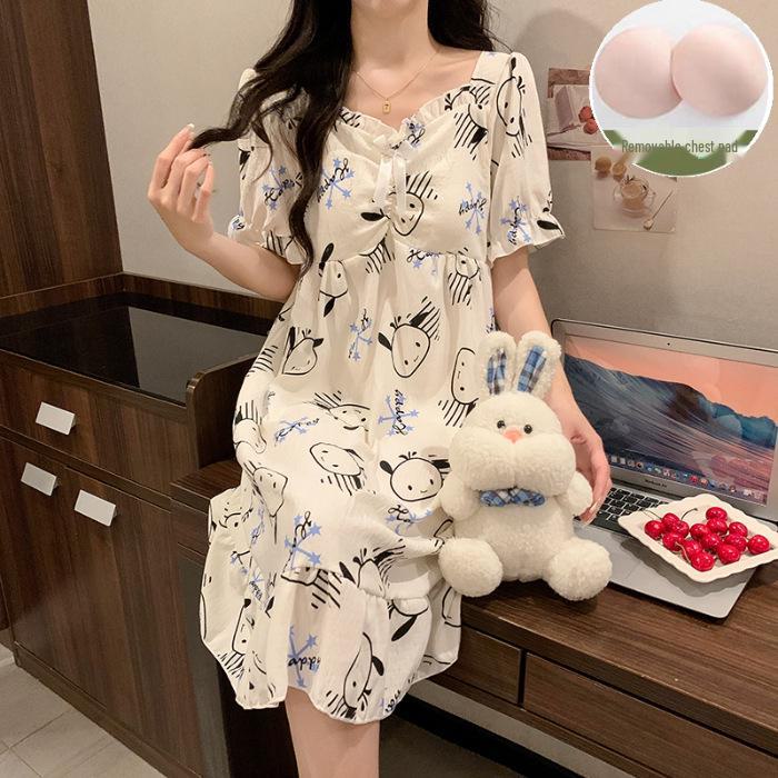 Ночная рубашка с короткими рукавами и нагрудной подкладкой 2024 года – Милый хлопковый облачный стиль в стиле мультяшной принцессы
