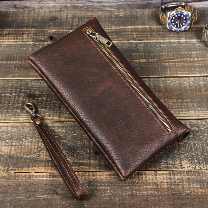 Mens Vintage Crazy Horse Leather Clutch Bag With Wrist Strap Handheld Purse Daily Use 8-inch Tablet Compatible