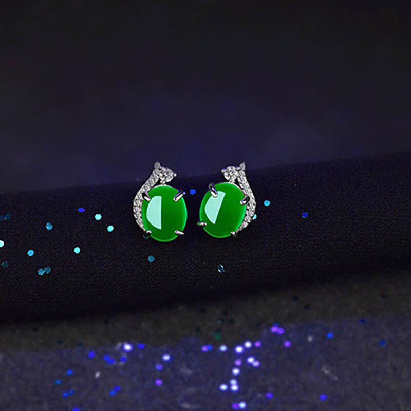 Женские серьги из серебра 925 пробы с драгоценным зелёным агатом