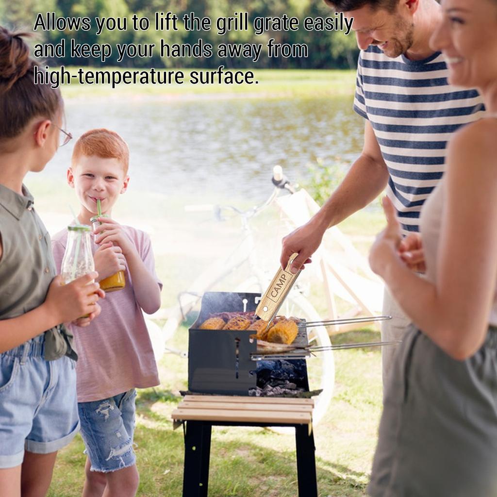Подъемник для решетки гриля на открытом воздухе, захват для решетки гриля из нержавеющей стали с деревянными вставками