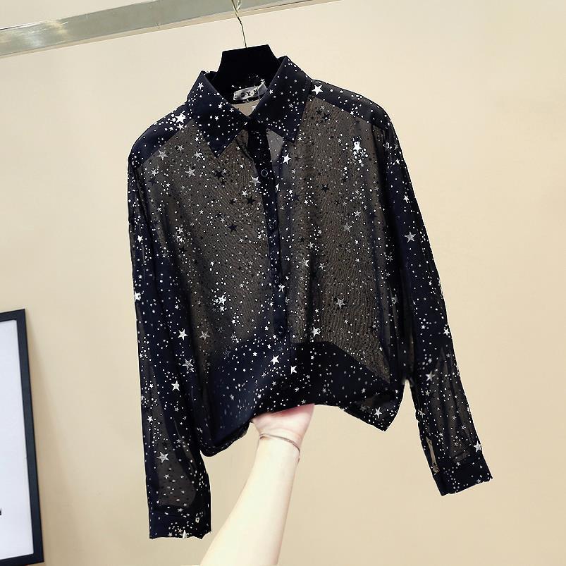 Summer Korean Loose Sparkling Star Chiffon Shirt Women's Top Sun Resistant Long Sleeved Shirt