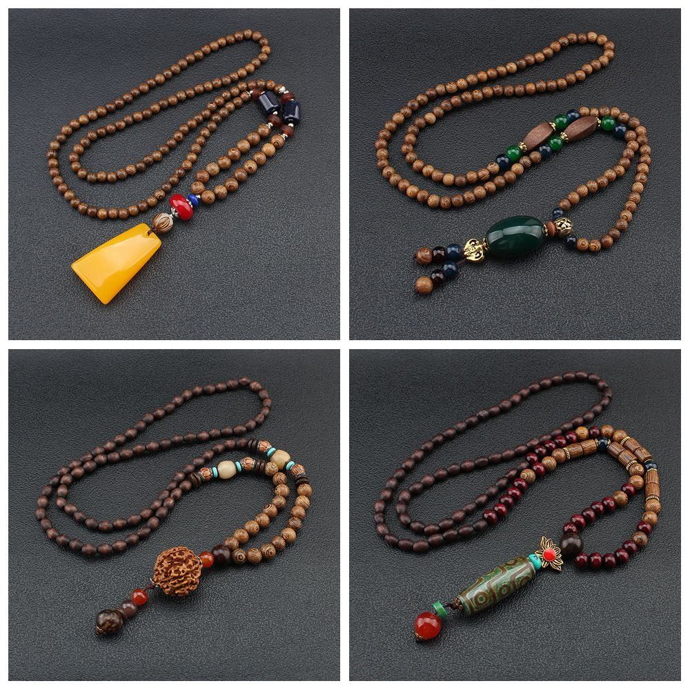 Vintage Lucky Gift Party Ethnic Jewelry Mala Wood Bead Nepal Necklace Horn Fish Pendant Buddhist