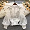 Women's Collage Sheer Mesh Lantern Sleeve Slim Short Lace Top