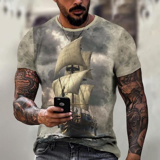 Винтажная мужская футболка, рубашка с изображением корабля, топы с принтом компаса, футболки с короткими рукавами, свободная повседневная мужская одежда, повседневная уличная одежда