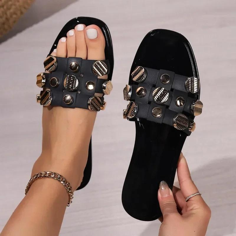 Fashion Women's Shoes 2024 Hot Sale Open Toe Women's Slippers Summer Casual Slippers Women Metal Decoration Light Flat Shoes Female
