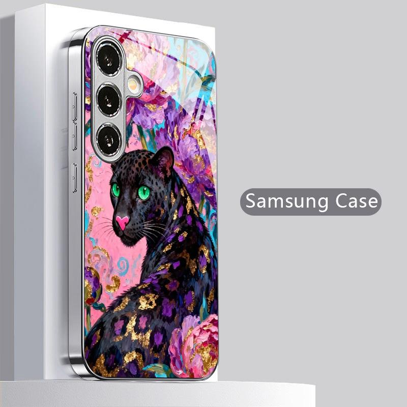 Черная Пантера Узор Пион 2D Чехол для Телефона для SamsungS26 S25 S24 S23 S22 S21 S20 A56 A36 A16 Гальванизированное Стекло Защитная Крышка