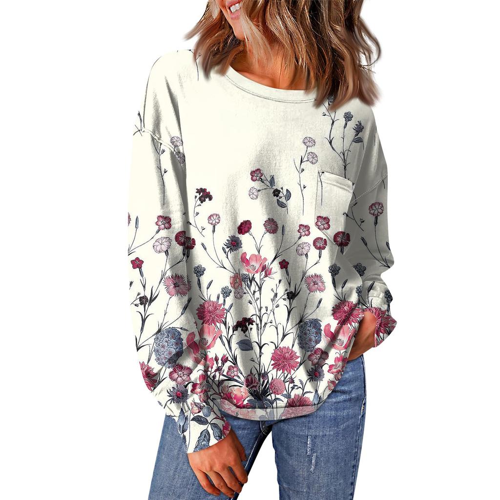Женский повседневный свободный топ с круглым вырезом и карманами с винтажным цветочным принтом и длинными рукавами