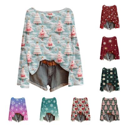 Женский модный повседневный трикотажный свитер с длинным рукавом и рождественским принтом, круглый вырез