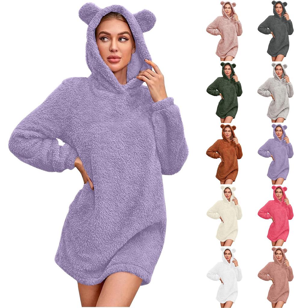 Women's Plush Hooded Casual Cute Bear Ears Pajama Dress