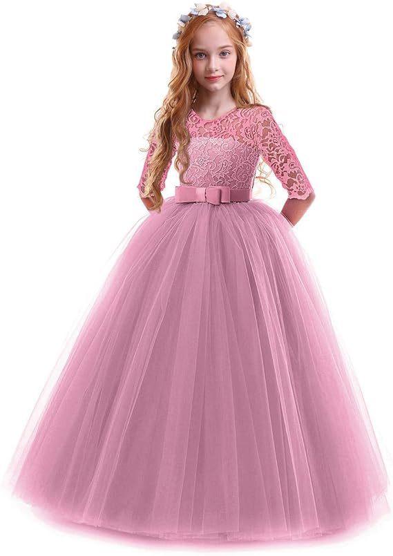 Girls Long Sleeve Flower Girl Wedding Dress Princess Gown