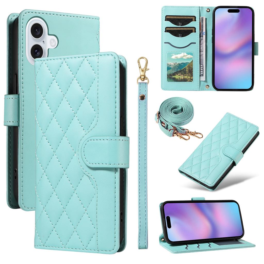 For iPhone 17 Wallet Case Rhombus Leather Phone Cover with Strap