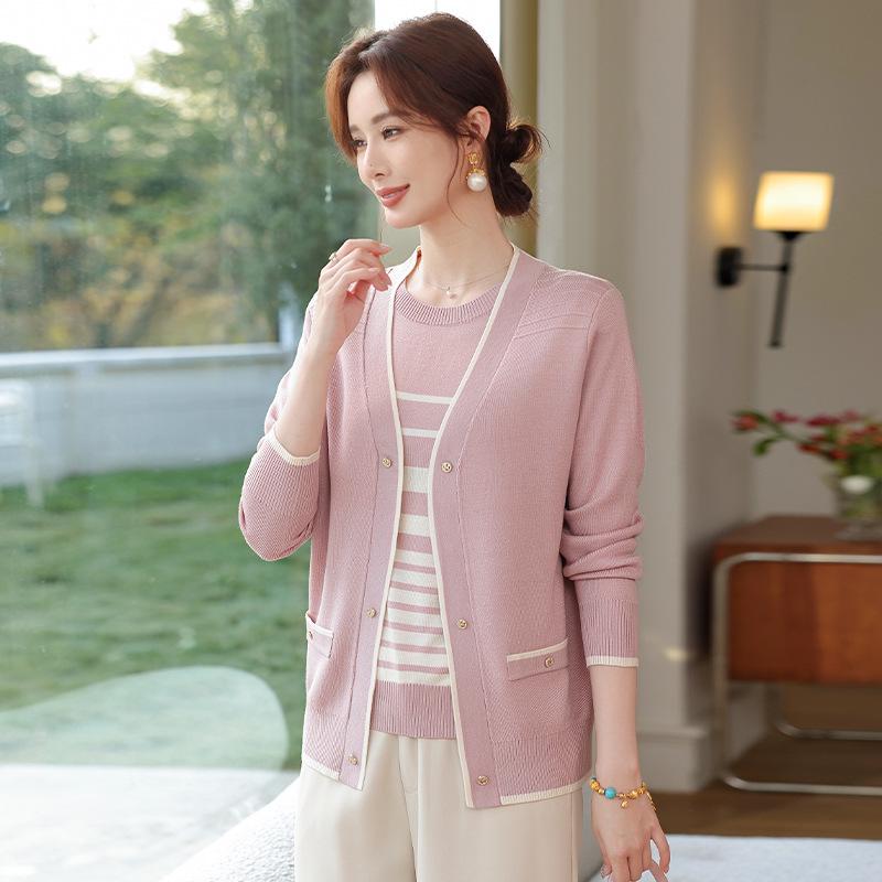 Mom's Chic Spring Knit Cardigan & Inner Layer Striped Two-Piece Set for Mid-Aged Woman