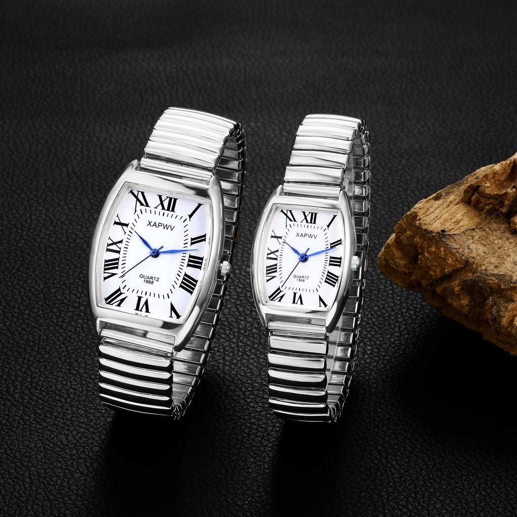 Stainless Steel Roman Alphabet Analog Display Square Design Waterproof Simple Quartz Watch Adjustable Length Fashion Watch Silver Perfect Gift for Him