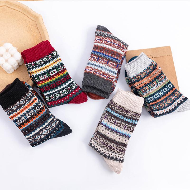 5 пар женских осенне-зимних новых утолщенных теплых носков до середины икры в этническом стиле из кроличьей шерсти