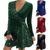 Платье женское осень-весна с V-образным вырезом, шнуровкой, узкой талией, декором из пайеток, А-силуэта, большим подолом, длинными рукавами, мини-платье для выпускного вечера
